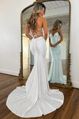 Stunning White Mermaid Prom Dress with Spaghetti Straps, Pearls & Lace-Up Closure