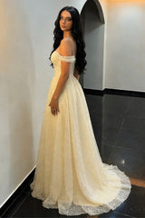 Off-Shoulder Light Yellow Prom Gown with Glitter Pearls and Tulle Skirt