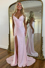 Stunning Pink Pearl Beaded Halter Prom Dress with Mermaid Silhouette and Slit