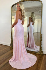 Stunning Pink Pearl Beaded Halter Prom Dress with Mermaid Silhouette and Slit