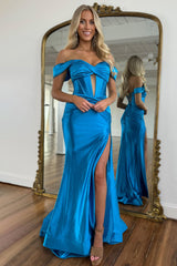 Mermaid Satin Prom Dress with Off-the-Shoulder Neckline and High Slit