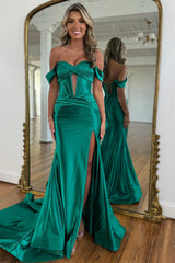 Mermaid Satin Prom Dress with Off-the-Shoulder Neckline and High Slit