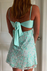 Chic Mint Green Lace Mini Homecoming Dress with Bow Back