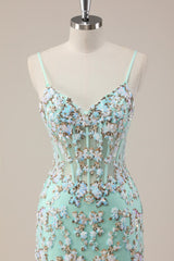 Mint Green Spaghetti Straps Sequin Corset Mermaid Prom Dress with Tulle Skirt