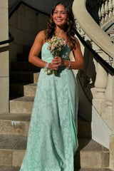 Mint Green Strapless Evening Prom Dress with Textured Fabric and Front Slit