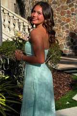 Mint Green Strapless Evening Prom Dress with Textured Fabric and Front Slit