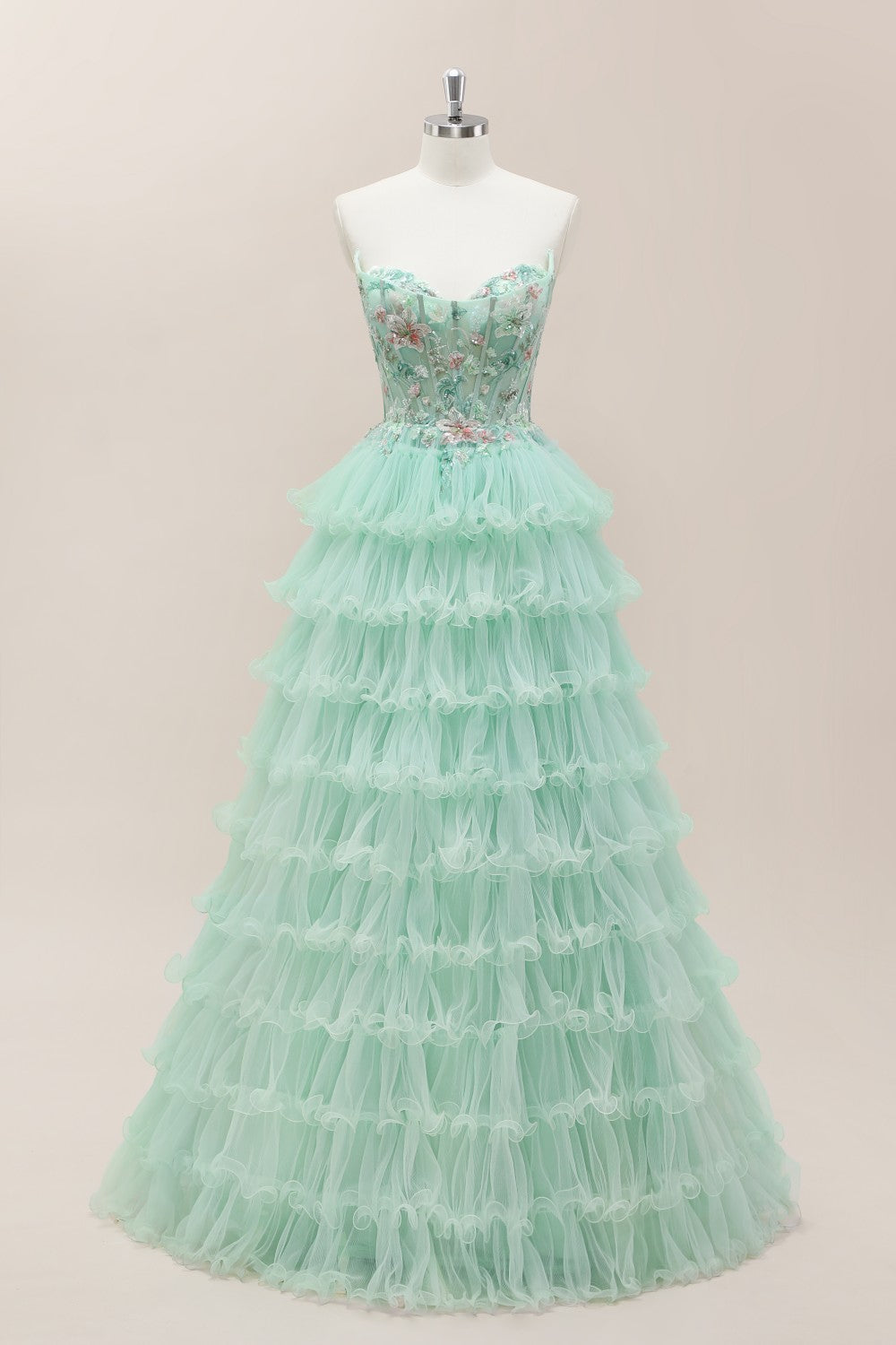 Mint Green Tiered Tulle Lace Up Ball Gown with Floral Corset Bodice