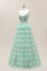 Mint Green Tiered Tulle Lace Up Ball Gown with Floral Corset Bodice