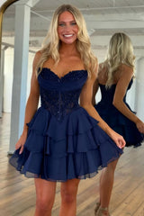 Navy Sweetheart Homecoming Dress with Beaded Corset and Tiered Ruffles