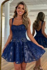 Navy Lace Corset Fit-and-Flare Homecoming Dress with Beaded Bodice