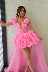 Chic Neon Pink Evening Gown with One-Shoulder Floral Detail and High-Low Hem
