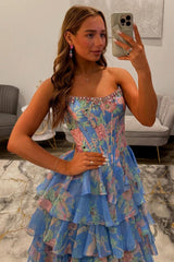 Stunning Floral Print Strapless A-Line Prom Dress with Fitted Corset and Slit