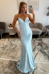 Luxury Black Spaghetti Strap Mermaid Prom Dress with Pearl Detailing