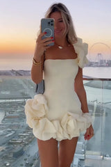 Short White One-Shoulder Homecoming Dress with Sculpted 3D Floral Details