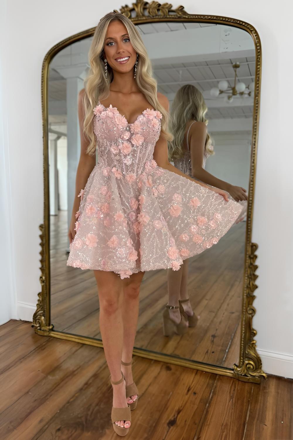 Romantic Pink Glitter Homecoming Dress with Thin Straps and Floral Appliques