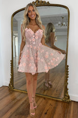 Romantic Pink Glitter Homecoming Dress with Thin Straps and Floral Appliques