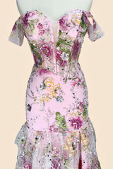 Romantic Pink Floral Mermaid Prom Dress with Off-Shoulder Corset and High Slit