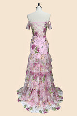 Romantic Pink Floral Mermaid Prom Dress with Off-Shoulder Corset and High Slit