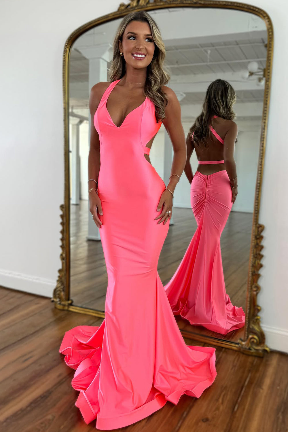 Romantic Pink V-Neck Mermaid Prom Dress with Cross Back and Satin Finish