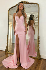 Pink Pearl Trim Mermaid Corset Prom Dress with Halter Neck and High Slit