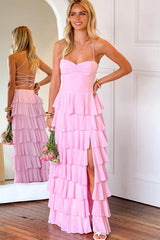 Pink Prom Dress with Spaghetti Straps, Tiered Ruffles, Lace-Up Back and Side Slit