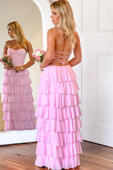 Pink Prom Dress with Spaghetti Straps, Tiered Ruffles, Lace-Up Back and Side Slit