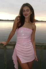 Chic Pink Sequin Bodycon Mini Dress with Strapless Neckline and Side Drape