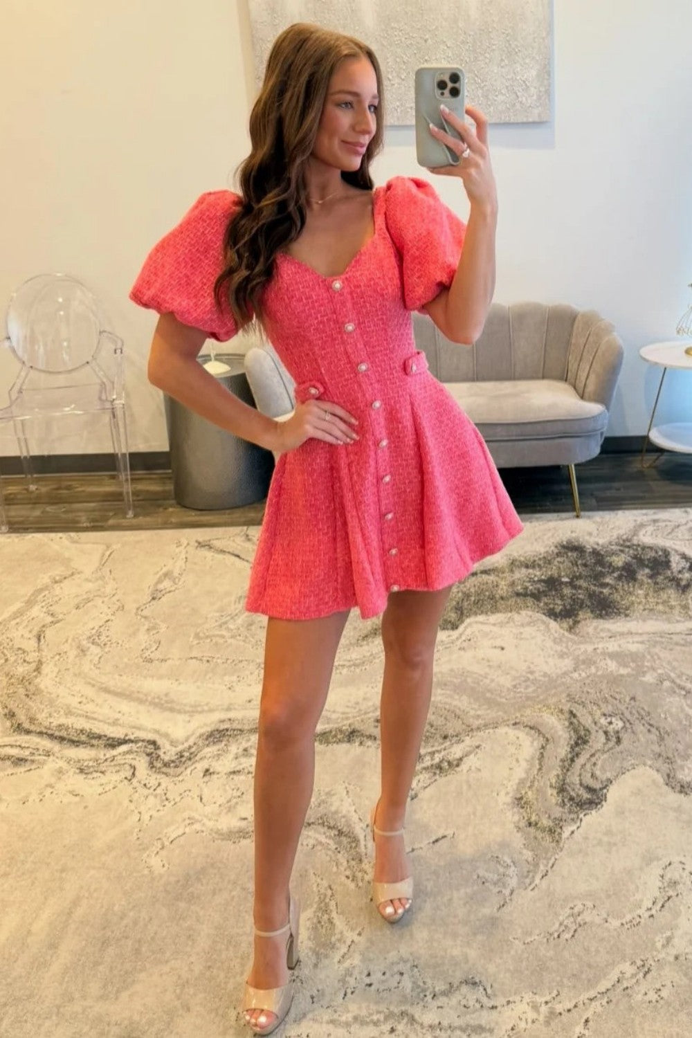 Chic Pink Tweed Party Dress with Puff Sleeve Design and Button Details