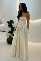 Silver/Light Pink Strapless Sweetheart A-Line Long Party Dress with Ruffles