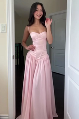 Elegant Pink A-Line Prom Dress with Spaghetti Straps, Corset Top and Ruffles
