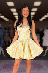 Chic Yellow A Line Mini Homecoming Dress with Strapless Corset and Sparkly Beading