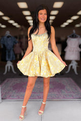 Chic Yellow A Line Mini Homecoming Dress with Strapless Corset and Sparkly Beading