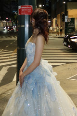 Light Blue A-Line Sweetheart Long Prom Dress with Beaded Bodice
