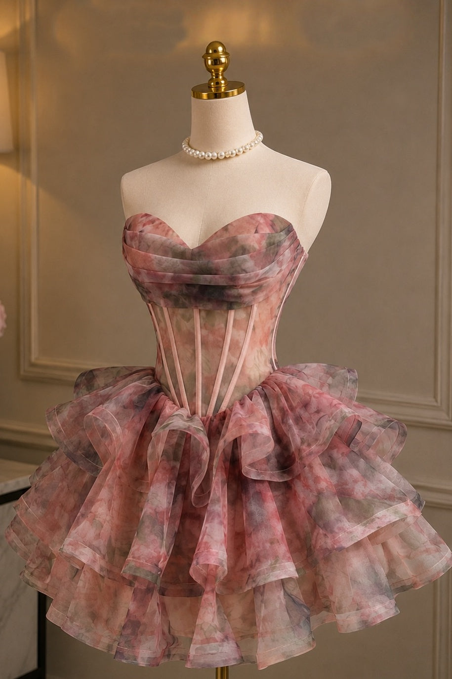 Chic Pink Floral Mini Homecoming Dress with Ruched Corset Bodice and A Line Silhouette