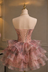 Chic Pink Floral Mini Homecoming Dress with Ruched Corset Bodice and A Line Silhouette
