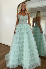 Elegant Mint Green Tiered Tulle Prom Dress with Floral Corset Detail