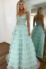 Elegant Mint Green Tiered Tulle Prom Dress with Floral Corset Detail