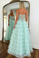 Elegant Mint Green Tiered Tulle Prom Dress with Floral Corset Detail