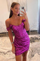 Chic Purple Sequin Off Shoulder Mini Homecoming Dress with Glitter Detail