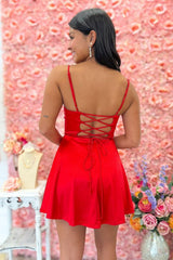 Elegant Red Mini Homecoming Dress with Spaghetti Straps and Lace-Up Design