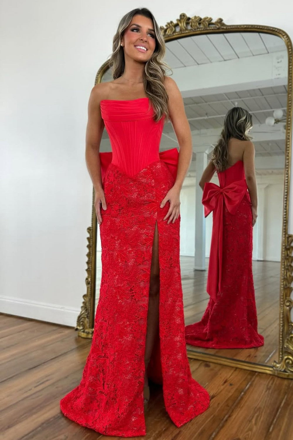 Romantic Red Lace Formal Gown with Structured Corset and Statement Bow