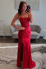 Elegant Red Spaghetti Strap Prom Dress with Lace Bodice and Crisscross Back Detail