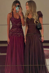 Burgundy A-Line Halter Neck Prom Dress with Applique & Beaded Design