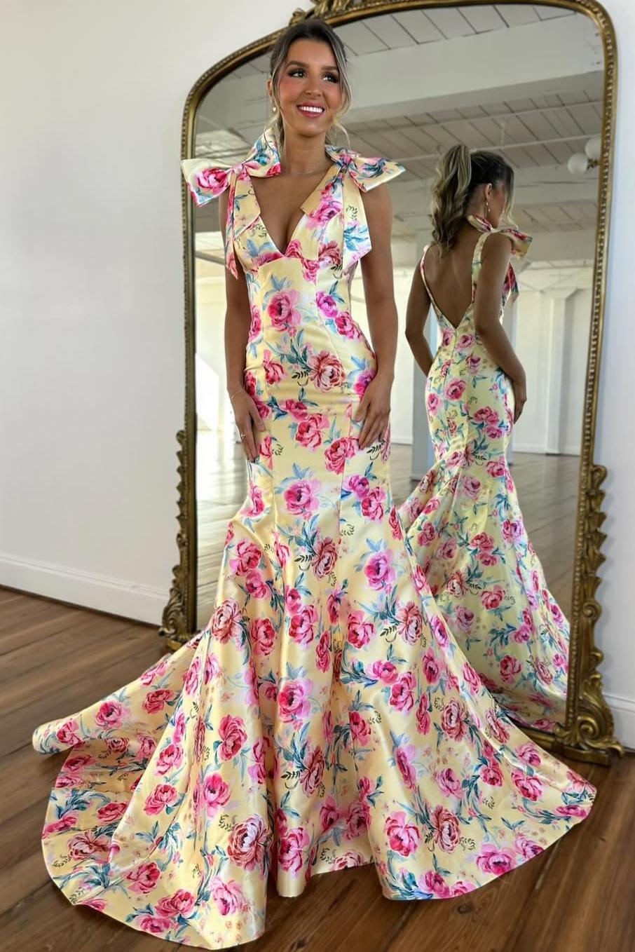Floral Bloom Mermaid Prom Dress with Bow Shoulders and Backless Design