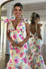 Floral Bloom Mermaid Prom Dress with Bow Shoulders and Backless Design