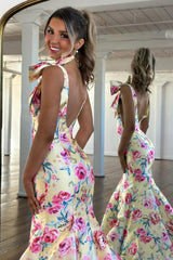 Floral Bloom Mermaid Prom Dress with Bow Shoulders and Backless Design