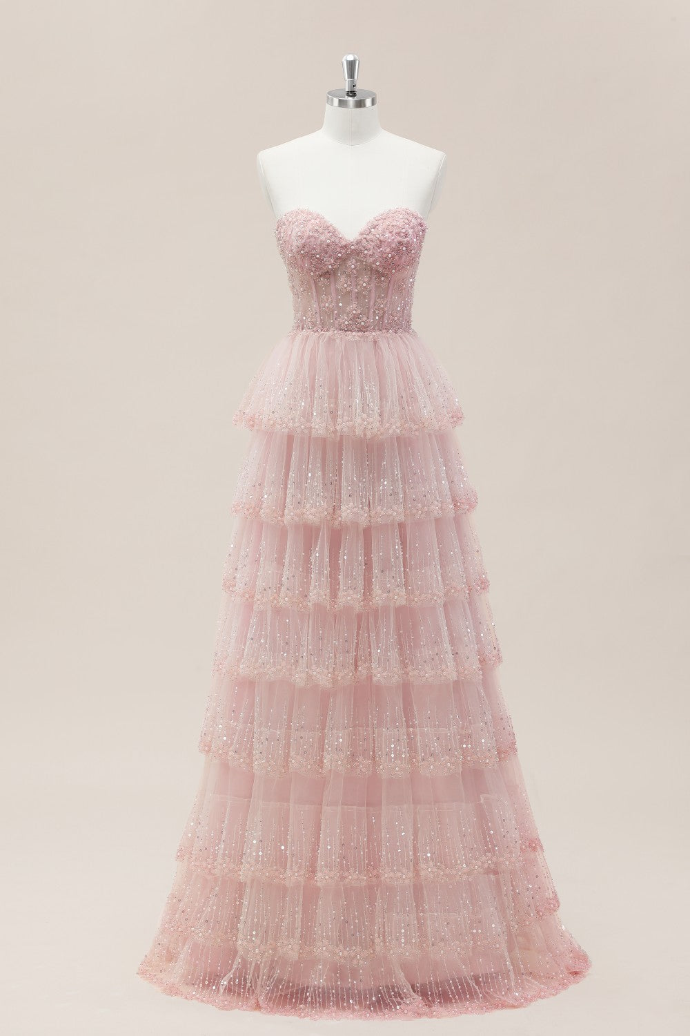 Romantic Blush Pink Sweetheart Corset Prom Dress with Sparkly Tiered Skirt