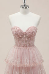 Romantic Blush Pink Sweetheart Corset Prom Dress with Sparkly Tiered Skirt