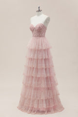 Romantic Blush Pink Sweetheart Corset Prom Dress with Sparkly Tiered Skirt