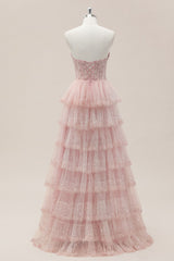 Romantic Blush Pink Sweetheart Corset Prom Dress with Sparkly Tiered Skirt